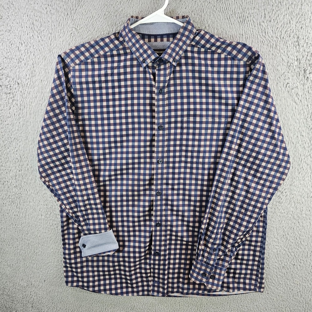 Johnston & Murphy Mens Large Gingham Check Button Down Shirt Navy Blue Tan